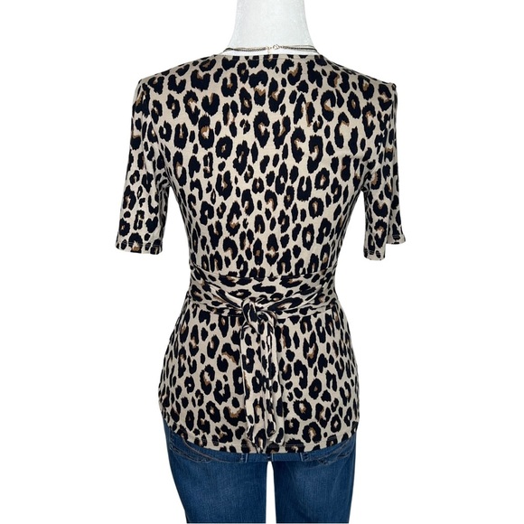 Ann Taylor Factory Faux Wrap Leopard Animal Print Belted Top Tan Black Brown XS - Picture 9 of 12